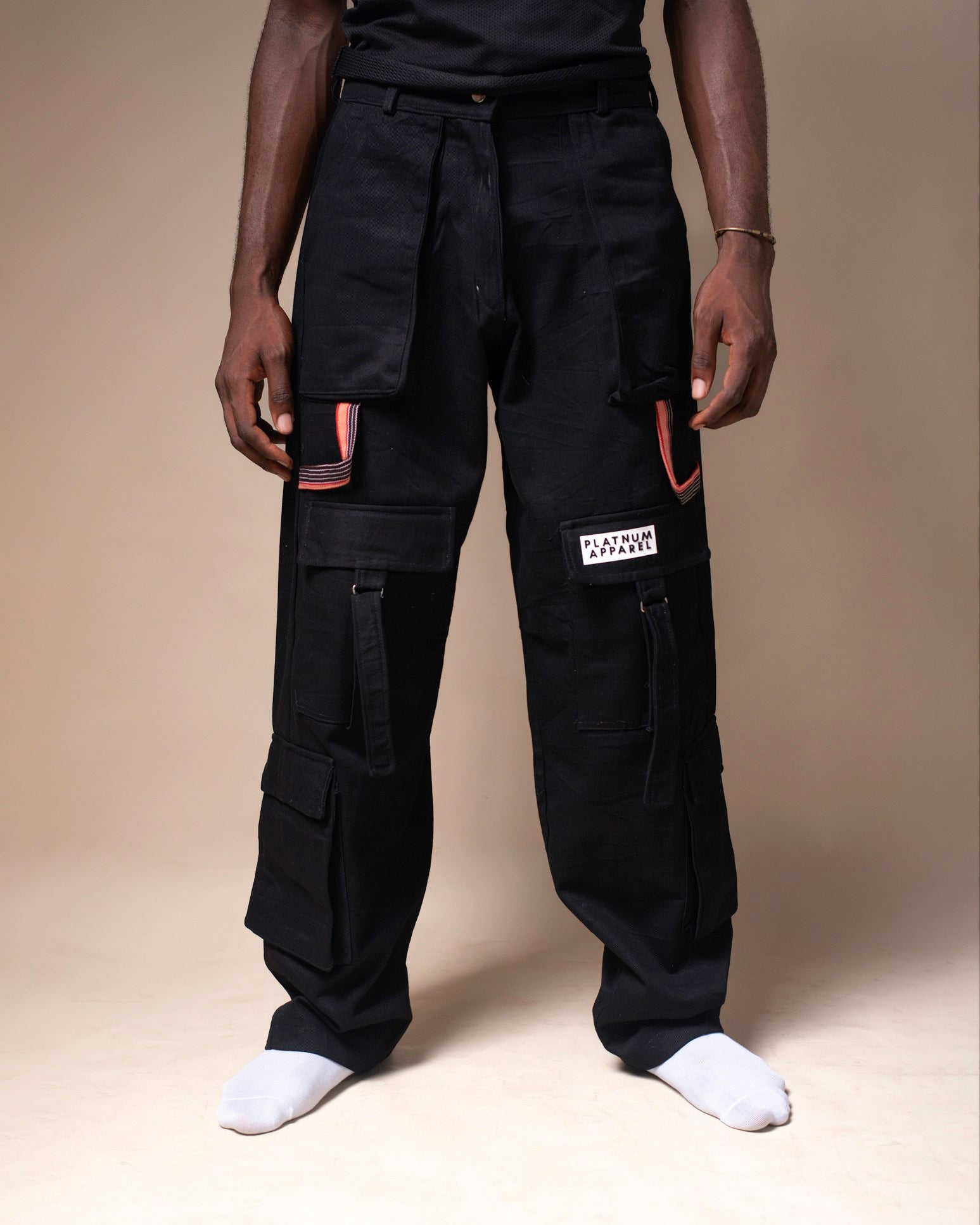 Men's Fashion Wild Cargo Pants Black, 100% cotton Platnum Apparel
