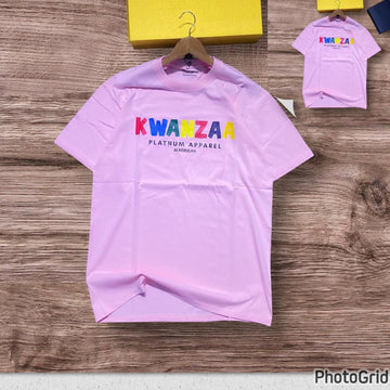 Beautiful pink tshirt with Kwanzaa written in multicolour 