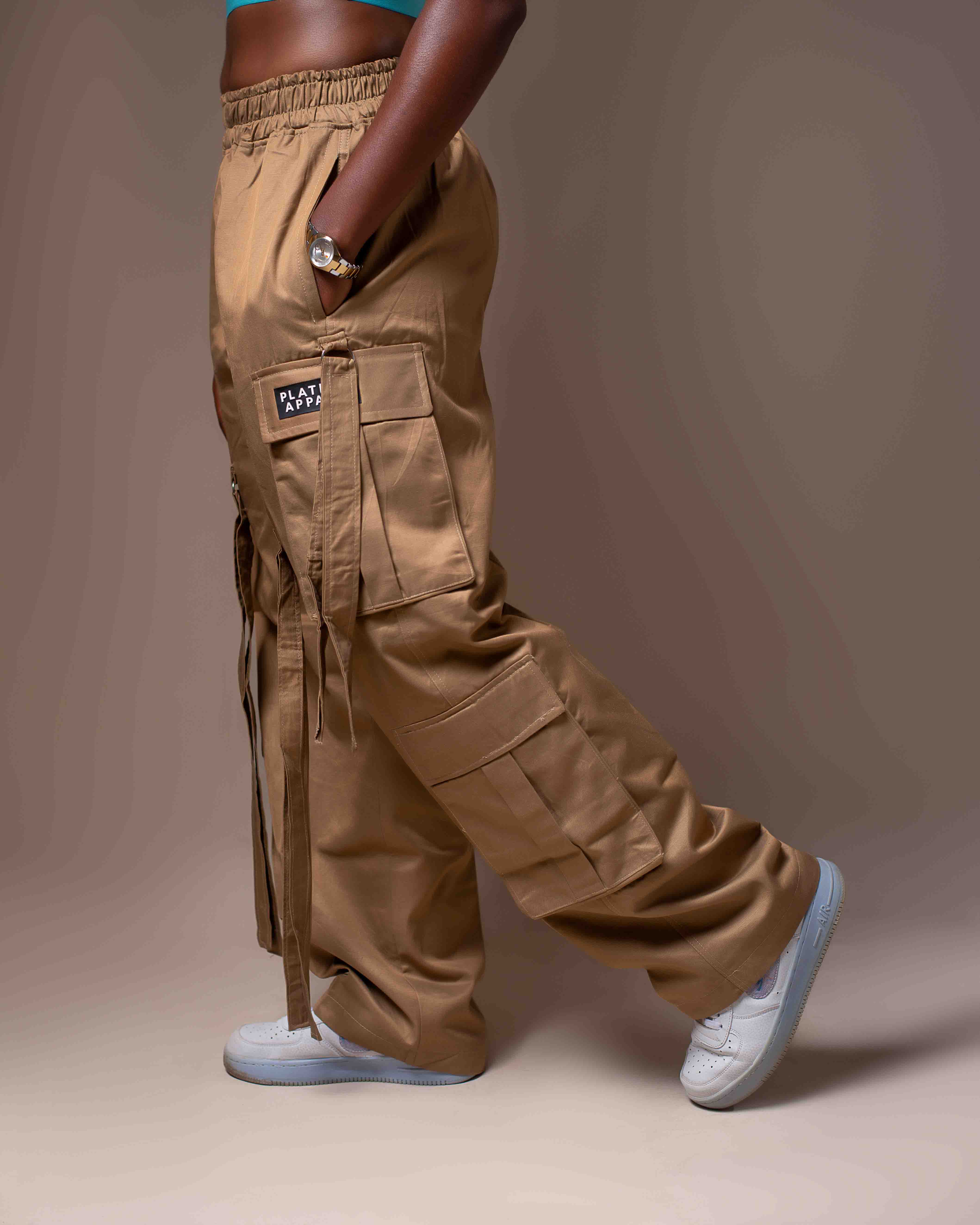 Women's Premium High Waist Cargo Pants | Khaki | Platnum Apparel