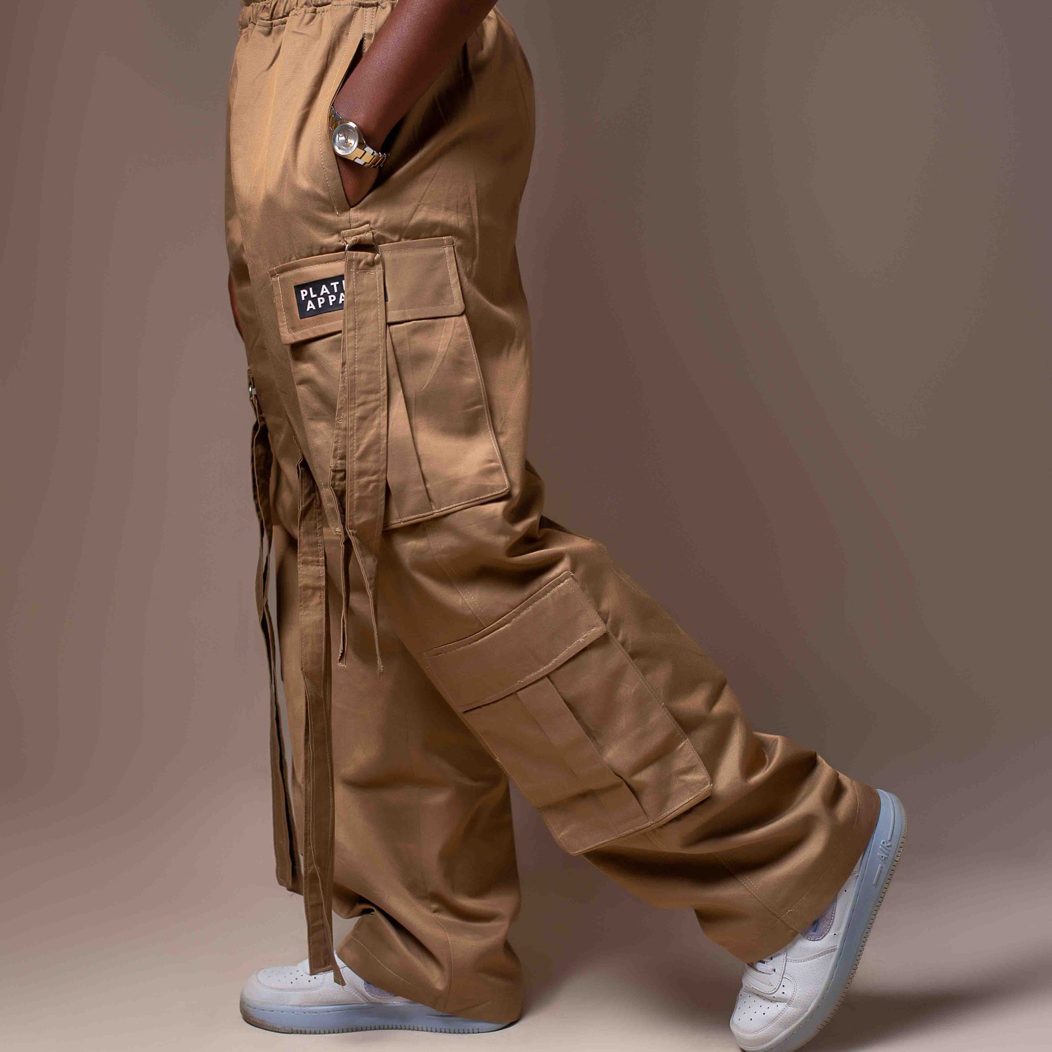 Side view. Khaki cargo pants. Women's trousers